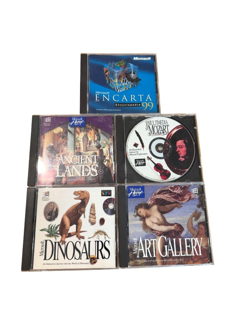 Microsoft Home CD-ROMs LOT Encarta 99 Ancient Lands Mozart Dinosaurs Art Gallery